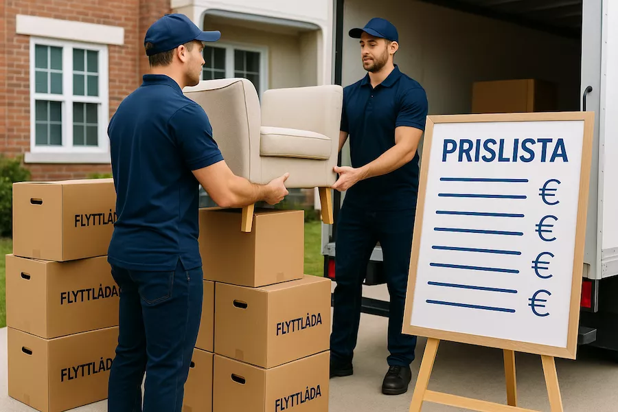 “Flyttfirma lastar möbler i flyttbil bredvid prislista – symboliserar jämförelse av prissättning mellan olika flyttfirmor och vad som påverkar kostnaden vid flytt”
